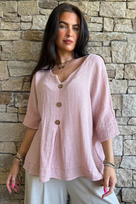 Andi Basket Linen Blend Top Rose